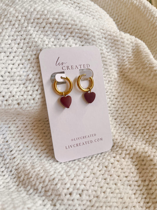 Red Velvet Heart Huggies | Handmade Polymer Clay Earrings