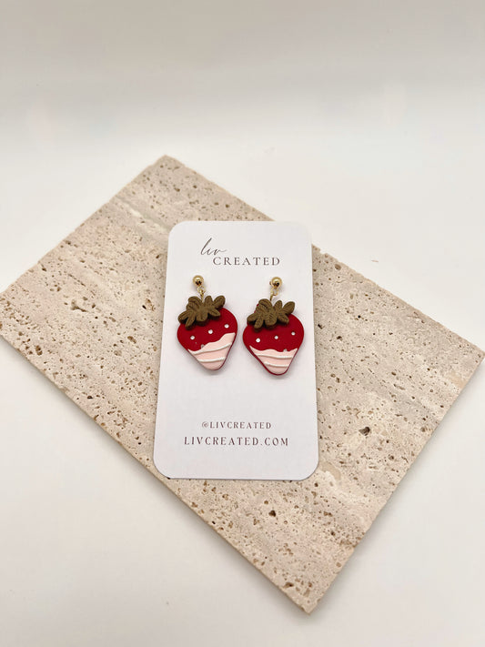White Chocolate Dipped Strawberries | Handmade Polymer Clay Earrings